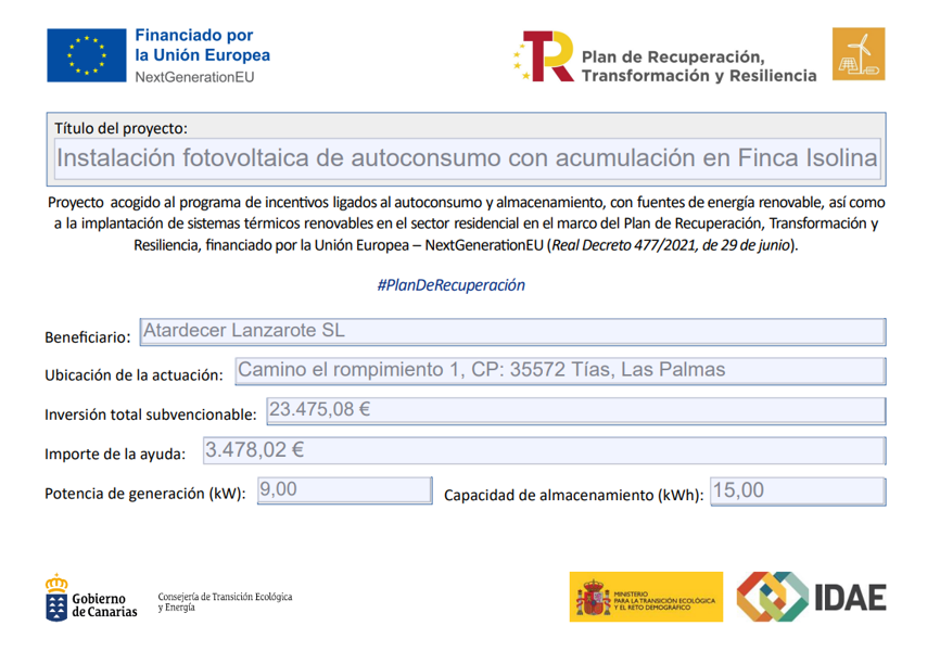 Instalacion fotovoltaica de autoconsumo con acumulacion en Finca Isolina